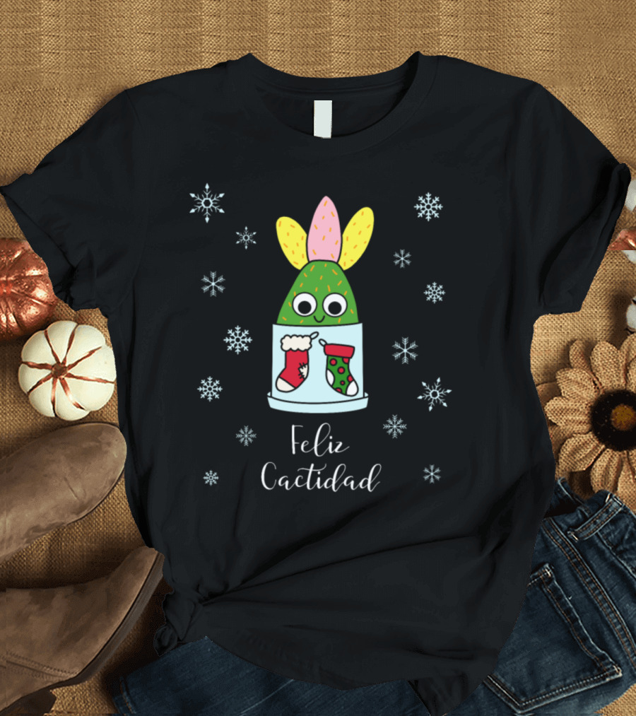 Feliz Cactidad Cactus with Stockings and Snowflakes T-Shirt