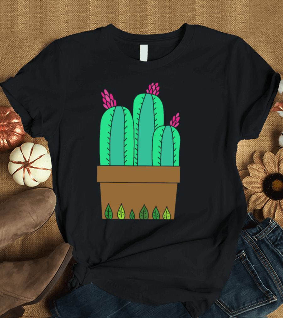 Flowering Cactuses with Pink Blossoms in Brown Leafy Pot T-Shirt