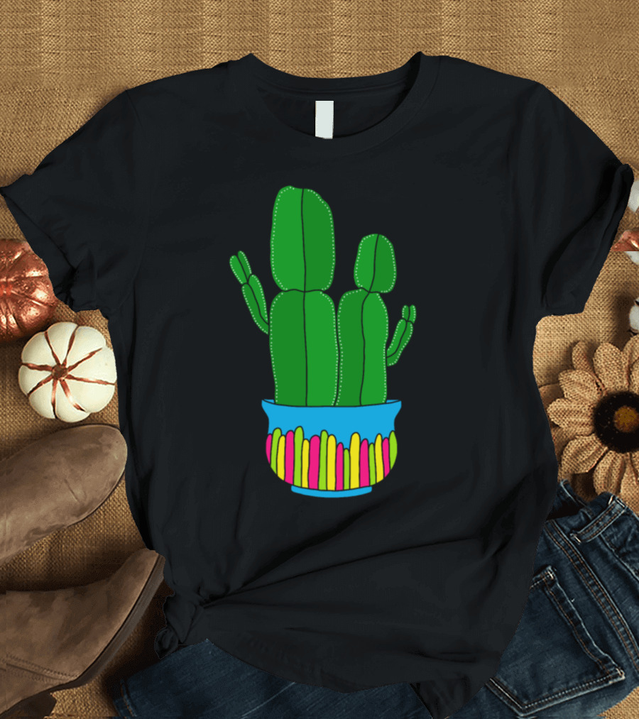 Funkyshaped Cacti in Bright Blue Pot with Vibrant Colors T-Shirt