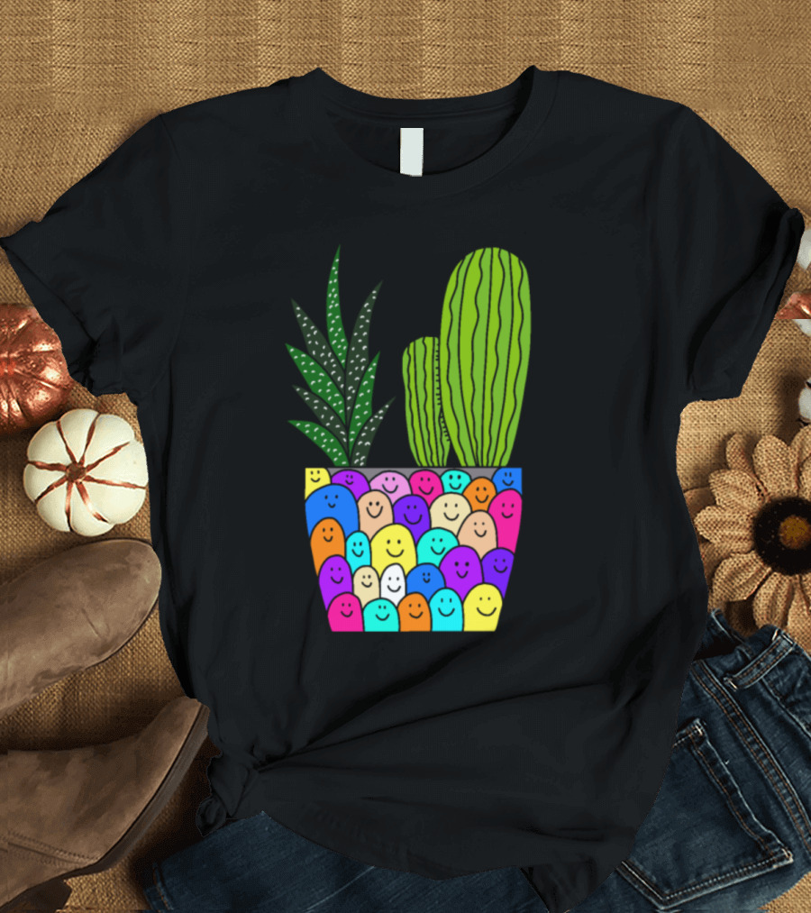 Happy Smiling Faces Succulent Cactus Pot T-Shirt