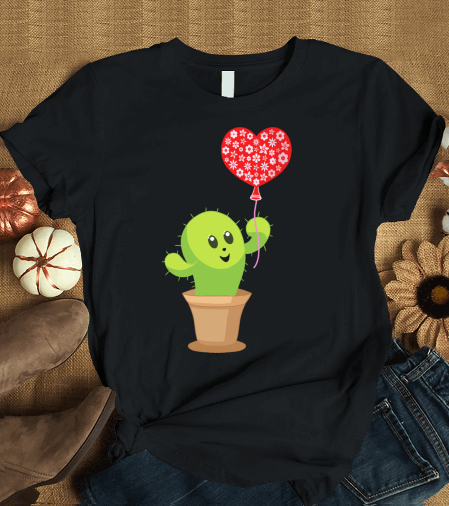 Happy Funny Kawaii Cactus Holding Red Heart Balloon with Flower T-Shirt