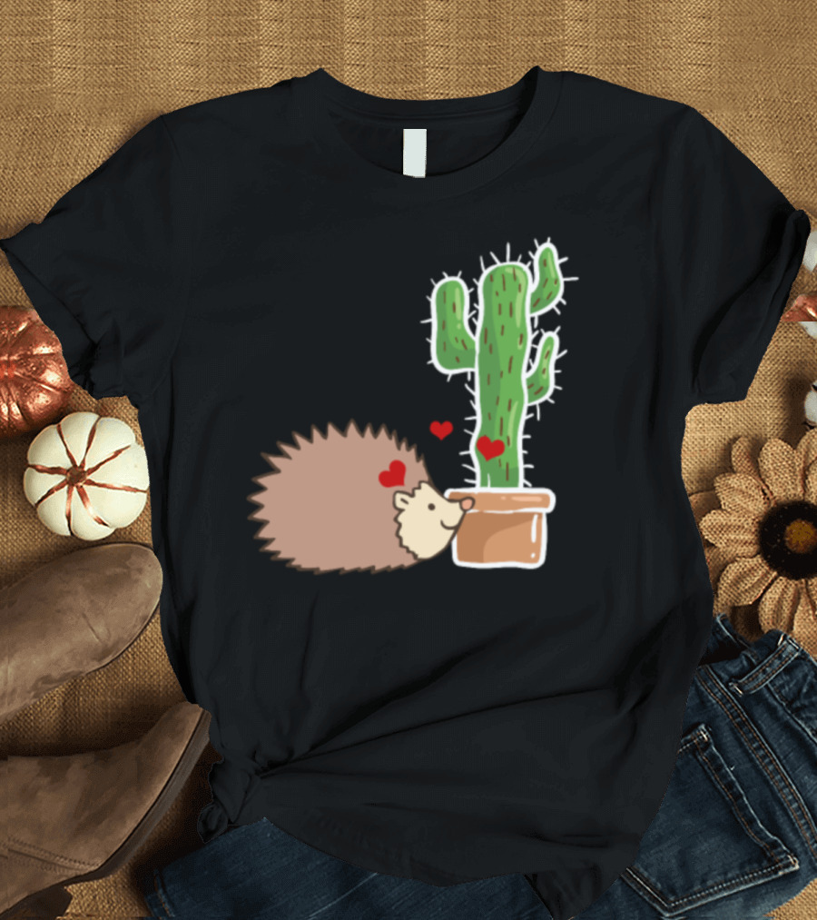 Hedgehog Loving Cactus Cute Animal Scene T-Shirt