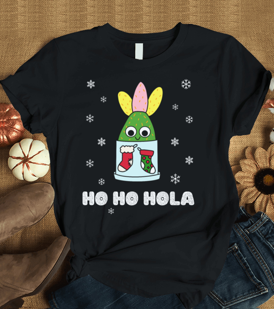 Ho Ho Hola Cactus in Christmas Pot with Snowflakes and Stockings T-Shirt