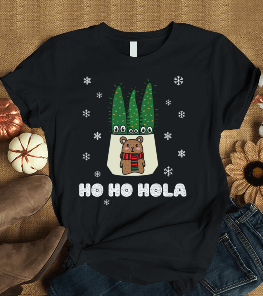 Ho Ho Hola Christmas Bear with Cacti in Snowflakes T-Shirt