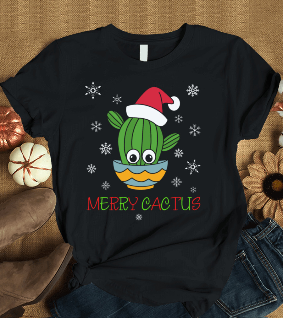 Merry Cactus Santa Hat in a Bowl with Snowflakes T-Shirt