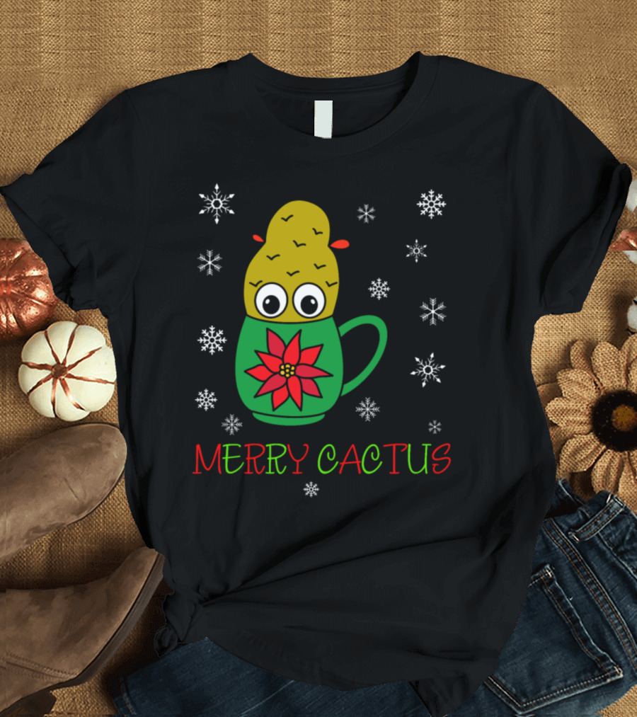 Merry Cactus Christmas Cactus Mug with Snowflakes T-Shirt