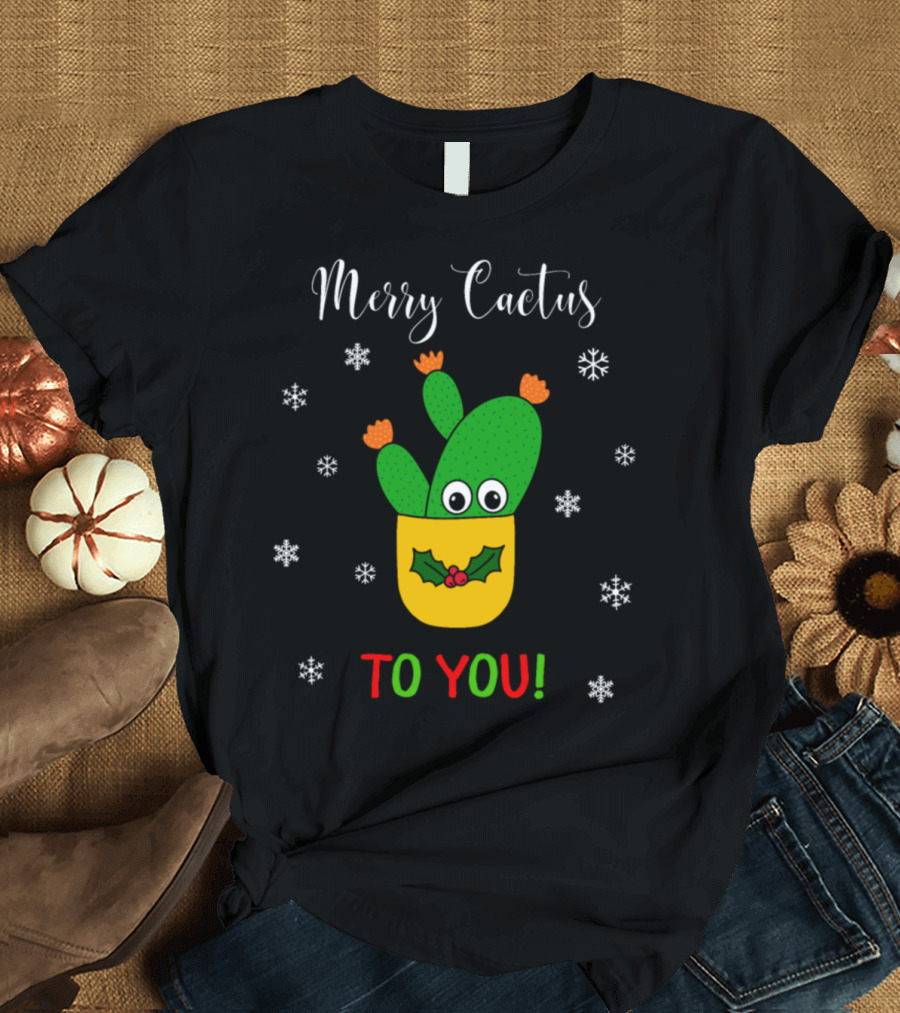Merry Cactus To You Opuntia Microdasys Cactus with Snowflakes and Holly T-Shirt