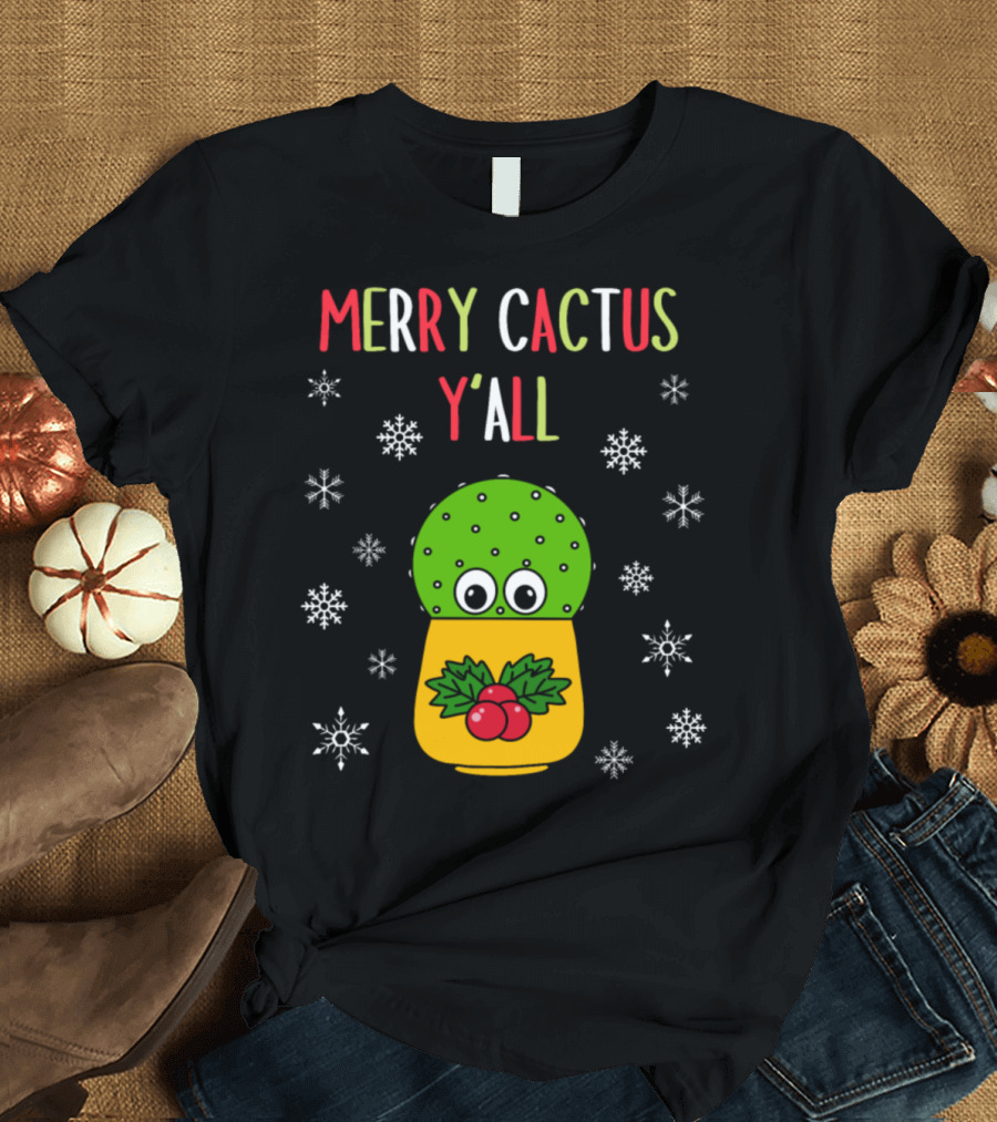 Merry Cactus Y'all Cute Cactus with Snowflakes T-Shirt