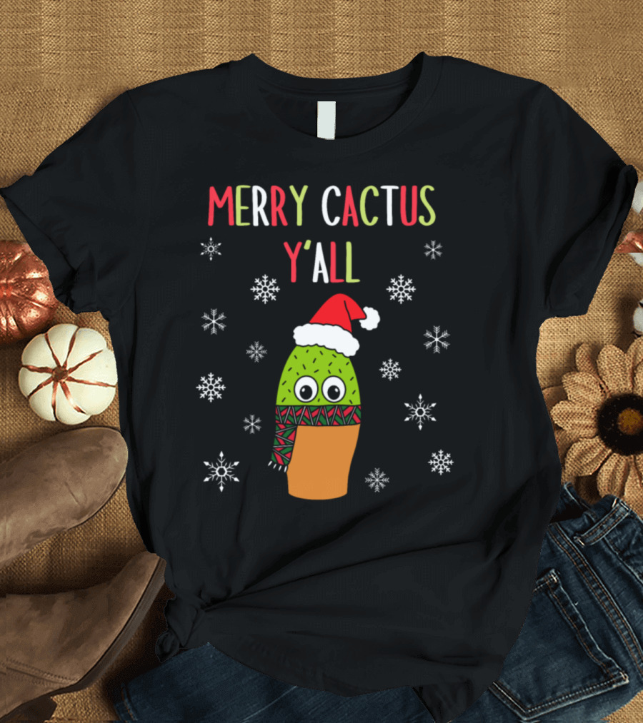 Merry Cactus Y'all Cute Cactus Santa Hat Snowflakes T-Shirt