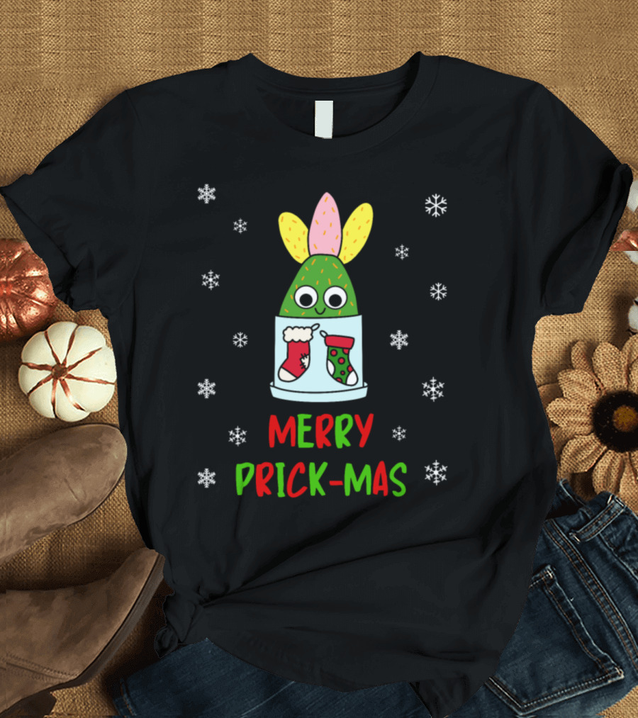 Merry Prick Mas Hybrid Cactus In Festive Stockings and Snowflakes T-Shirt