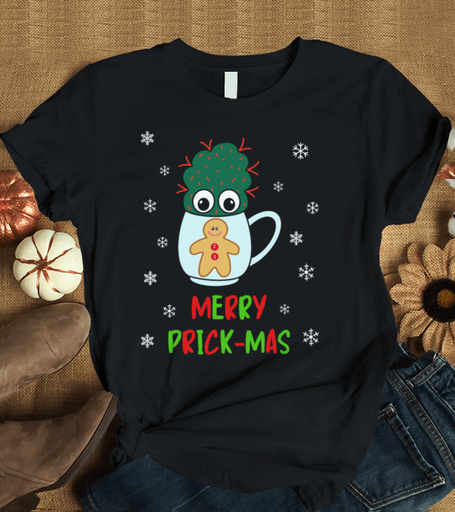 Merry Prick-Mas Cactus in Mug with Gingerbread and Snowflakes T-Shirt