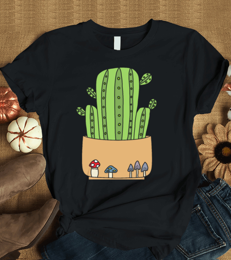 Mushroom For Cacti Potted Green Cactus with Colorful Mushrooms T-Shirt