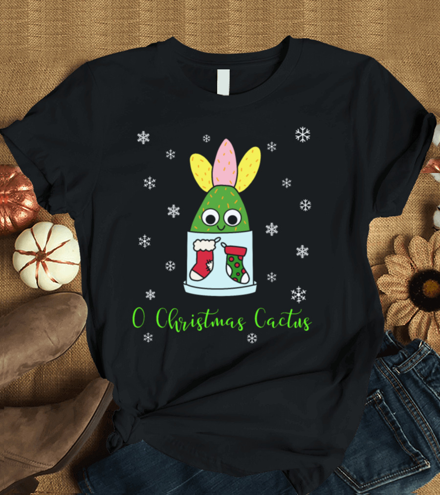 O Christmas Cactus Snowflakes Festive Stockings Hybrid Cactus In T-Shirt