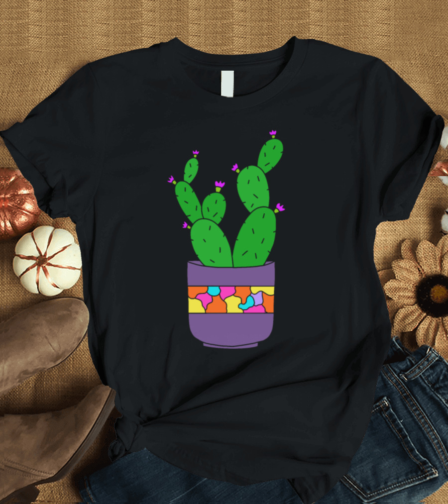 Pretty Cacti Bunch in Colorful Lovely Pot with Vibrant Flowers T-Shirt