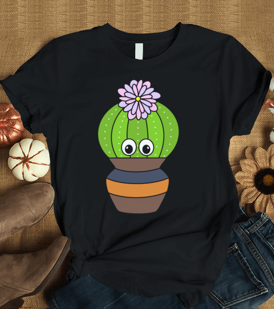 Pretty Flowered Cactus With Eyes in Striped Jar T-Shirt