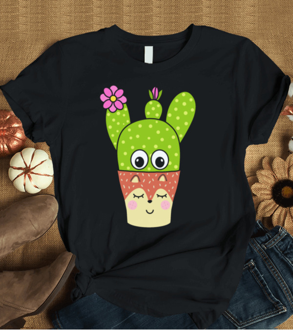 T-Shirt: Pretty Cactus with Flower in Cute Fox Face Pot T-Shirt Pretty Cactus with Flower in Cute Fox Face Pot T-Shirt