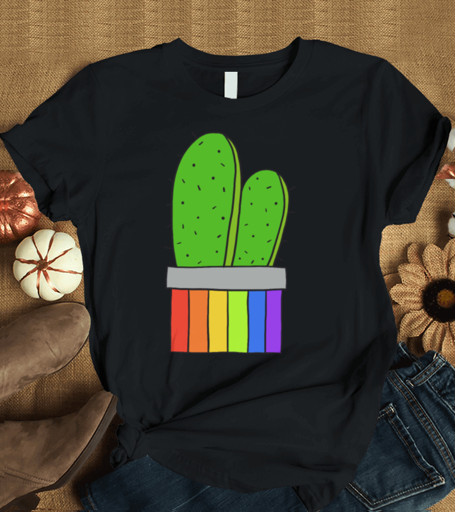 Rainbow Pot Cacti Green Illustration with Colorful Stripes T-Shirt