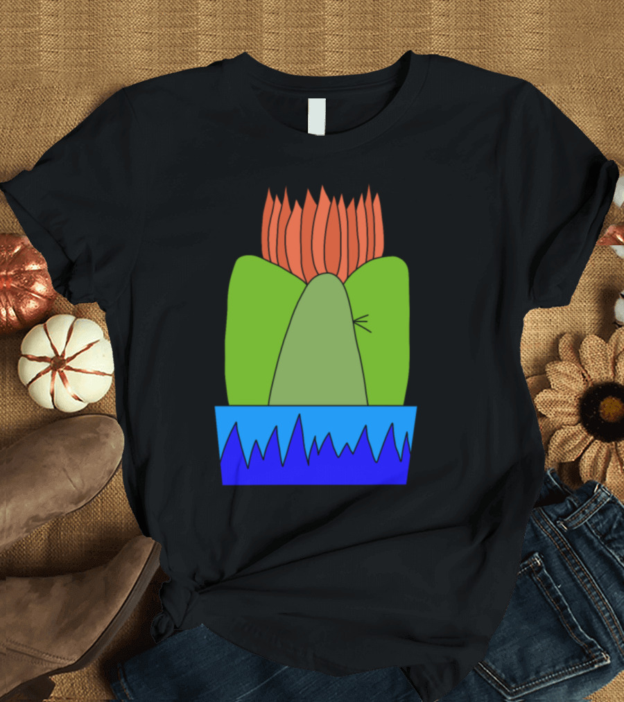 Red Flame Cactus Spiky Succulent in Blue Planter T-Shirt