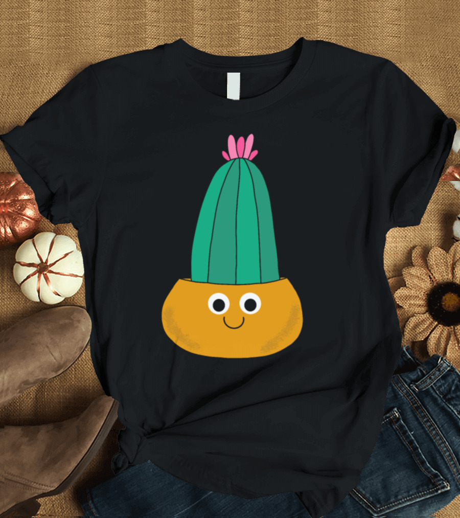 Slightly Blushing Cactus Pot Happy Face in Orange Planter with Pink Blossom T-Shirt