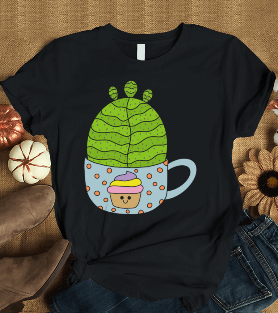 Small Barrel Cactus in Cute Cupcake Mug with Smiling Cupcake Decor T-Shirt