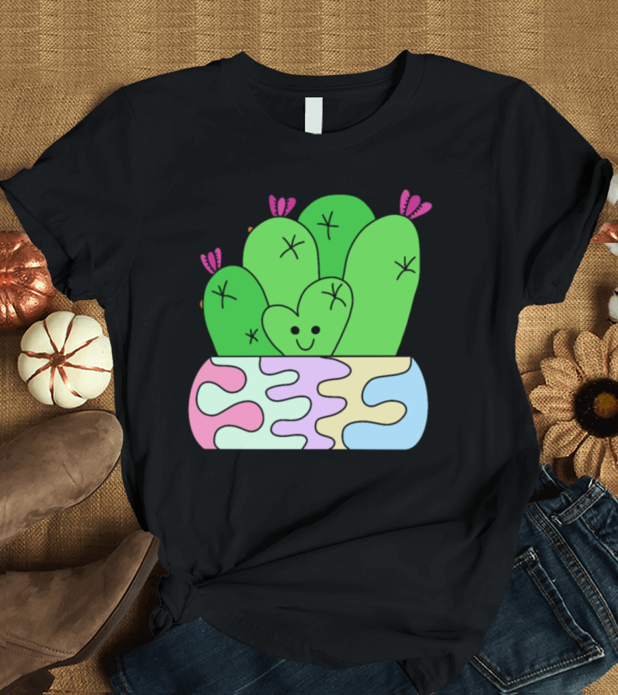 Smiling Heart Cactus in Colorful Planter T-Shirt