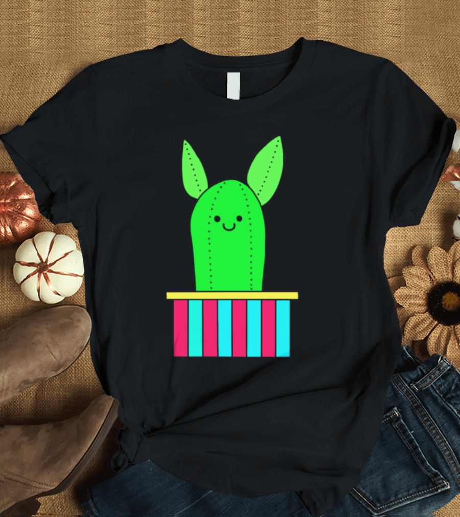 Smiling Cactus with Pointy Ears in Striped Pot T-Shirt