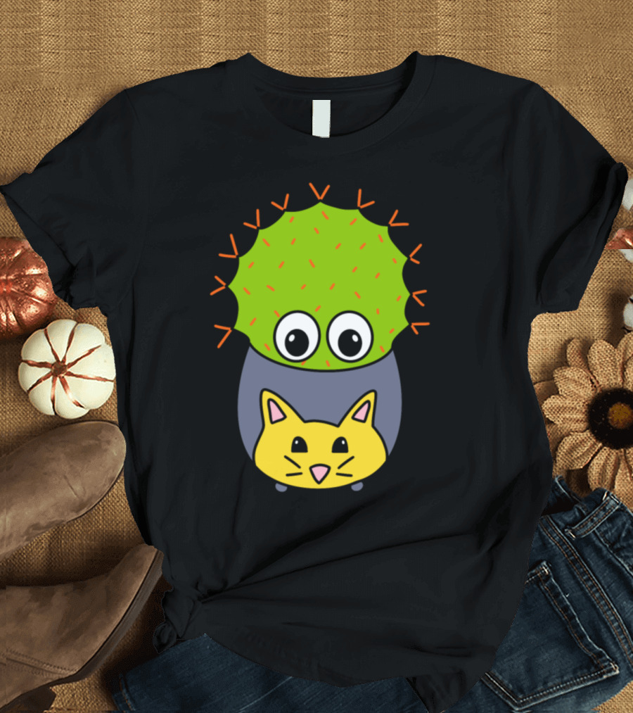 Spiky Cactus in Adorable Cat Planter with Big Eyes T-Shirt