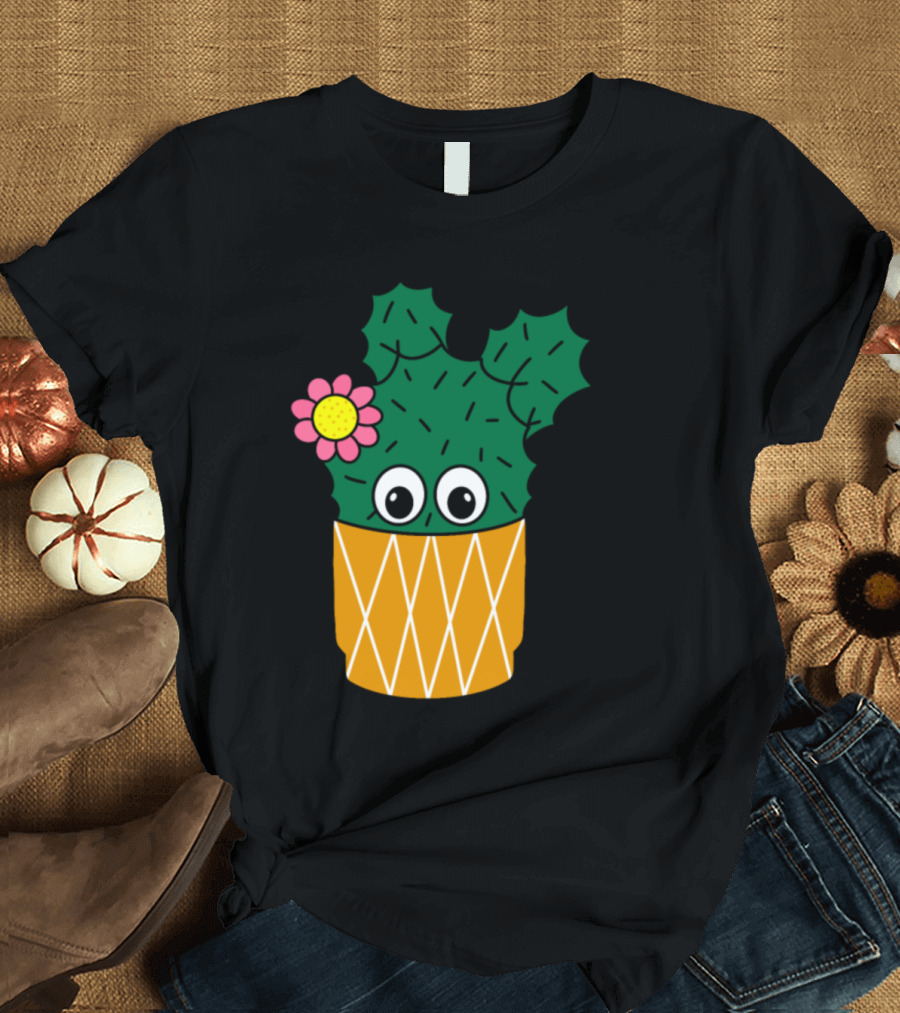 Spiky Cactus With Cute Flower Eyes in Patterned Pot T-Shirt