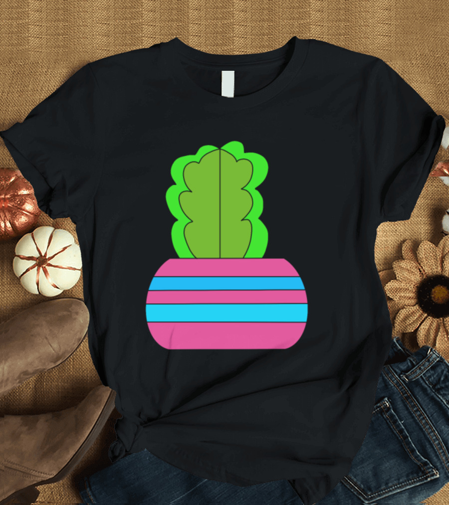 Split Personality Cactus with Pink and Blue Striped Pot T-Shirt
