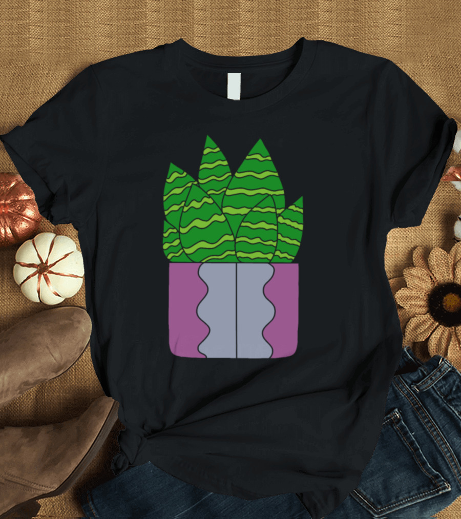 Tigerstripe Green Succulent Leaves in Purple Planter T-Shirt