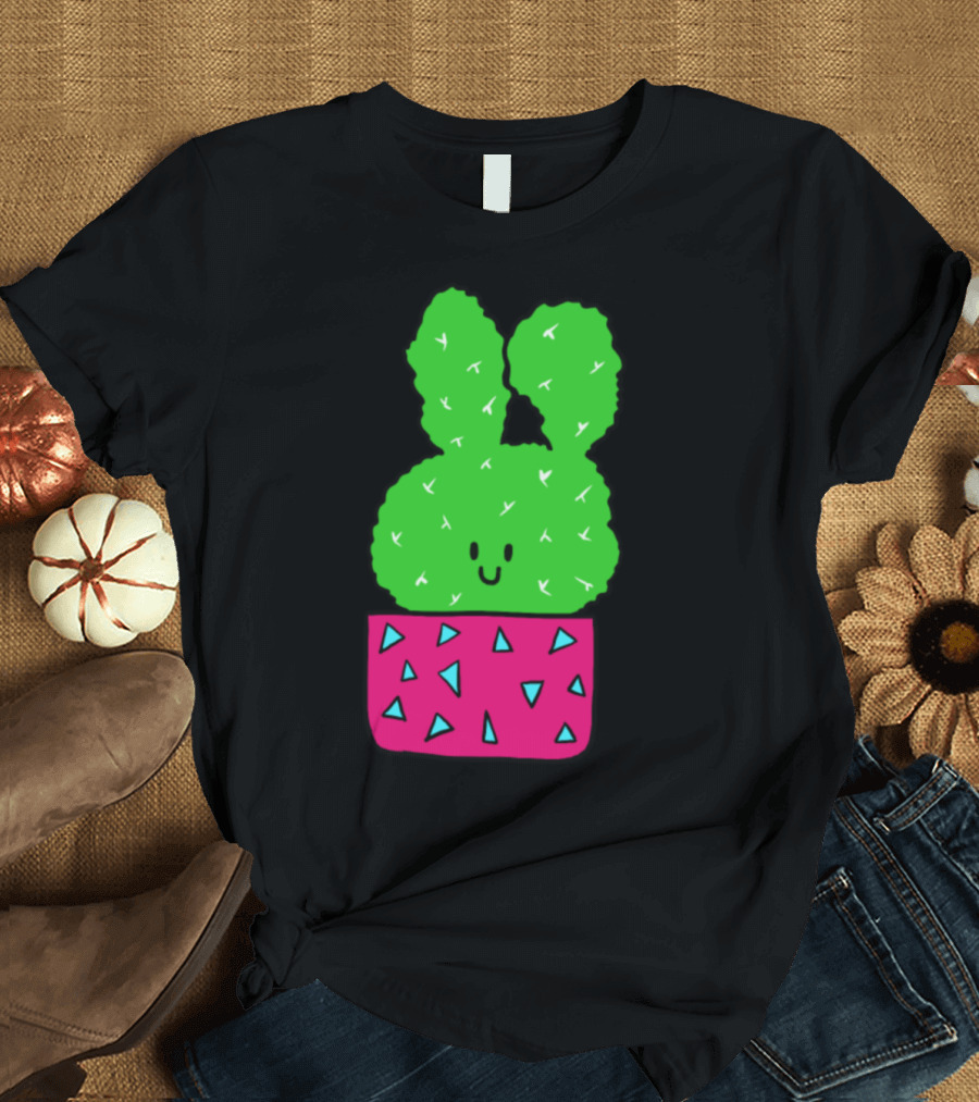 The Smiling Bunny Cactus in Pink Pot with Blue Triangles T-Shirt