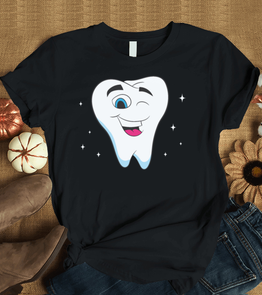 Dentist Bright White Tooth Winking Smiling Cartoon Sparkles T-Shirt