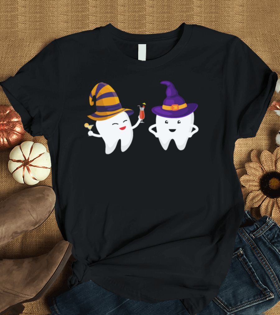 Halloween Spooky Dental Office Funny Teeth in Witch Hats T-Shirt