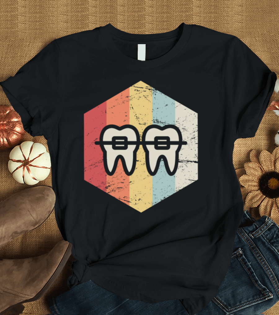 Retro Dentist Orthodontist Vintage Teeth Braces Stripes T-Shirt