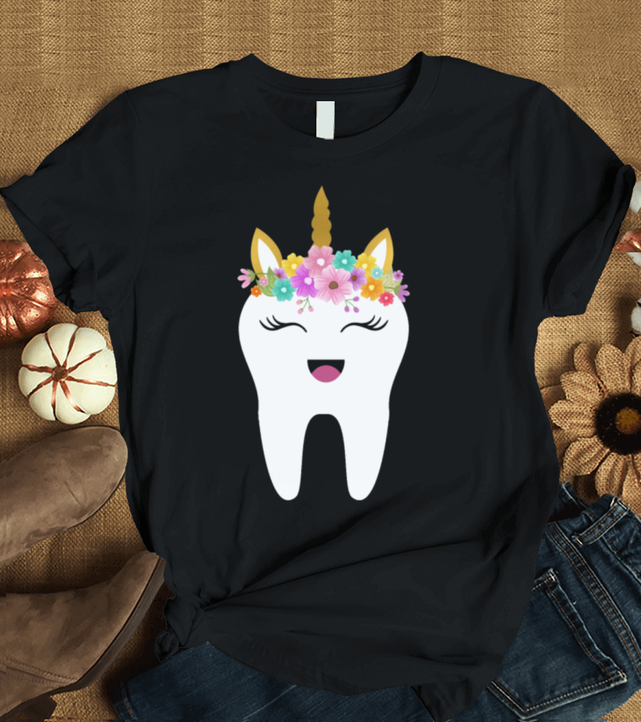 Tooth Unicorn with Floral Crown and Happy Face T-Shirt