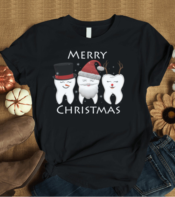 T-Shirt: Merry Christmas Tooth Trio Santa Hat Reindeer Hat Top Hat T-Shirt Merry Christmas Tooth Trio Santa Hat Reindeer Hat Top Hat T-Shirt