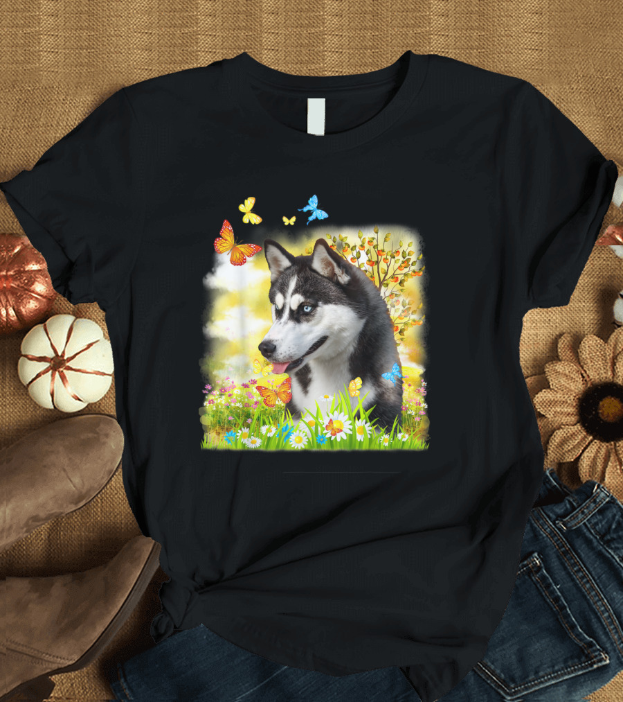Siberian Husky in Vibrant Floral Meadow with Colorful Butterflies and Autumnal Background T-Shirt
