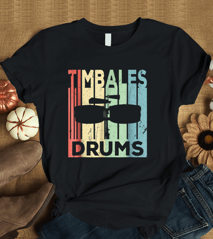 Timbales Drums Silhouette on Vintage Rainbow Stripes T-Shirt