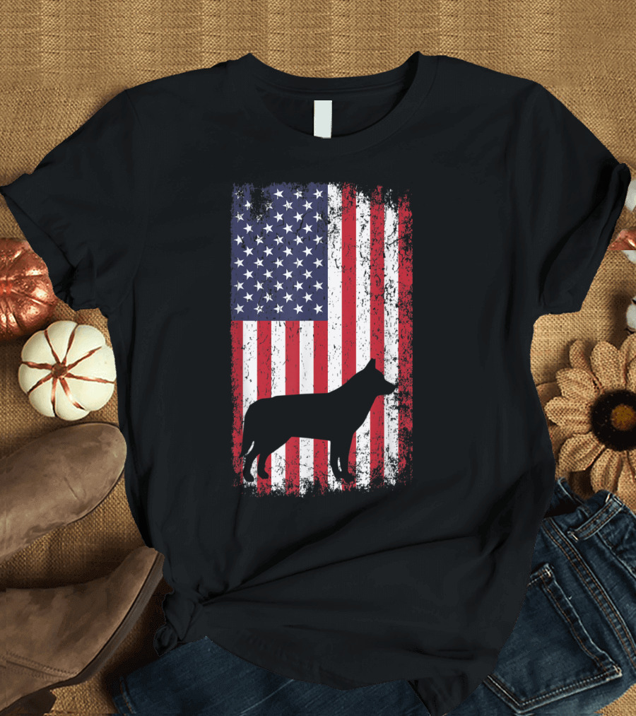 Siberian Husky Dog Silhouette American Flag T-Shirt
