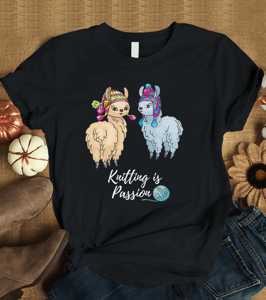 Knitting Is Passion Adorable Llamas with Yarn and Hats T-Shirt