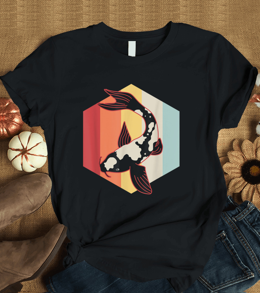 Koi Fish Retro Hexagon Orange Yellow Blue Black T-Shirt