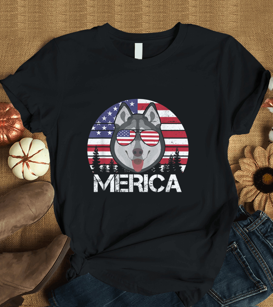 Siberian Husky Merica USA Flag Sunglasses 4th of July Dog T-Shirt