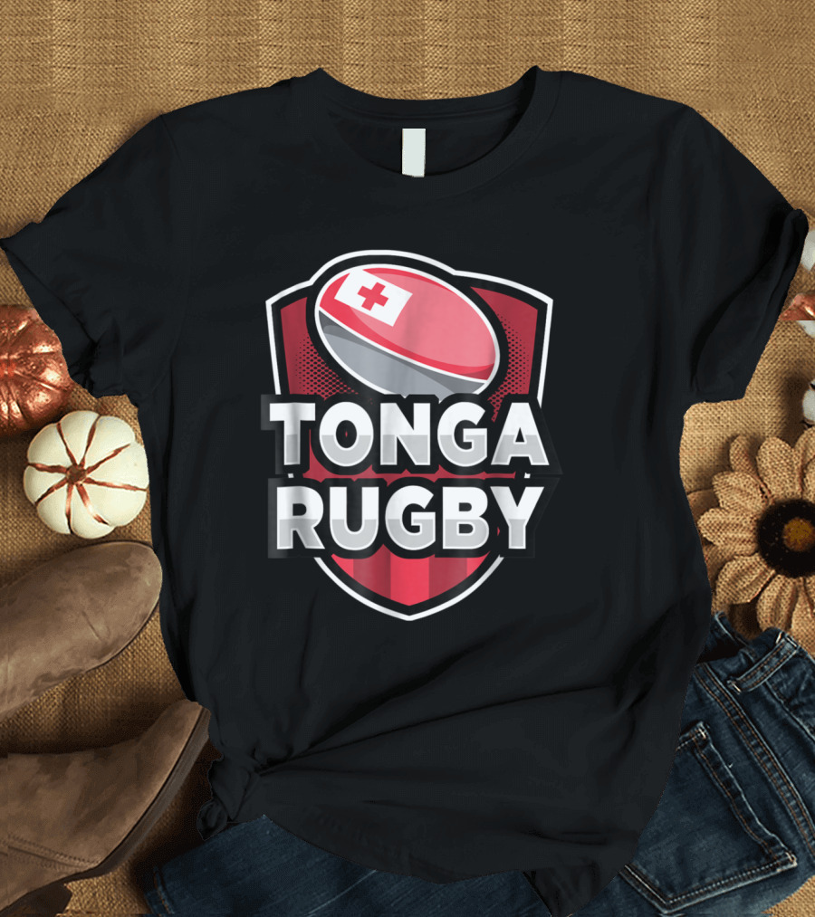 Tonga Rugby Emblem with Shield and Flag-Inspired Ball T-Shirt