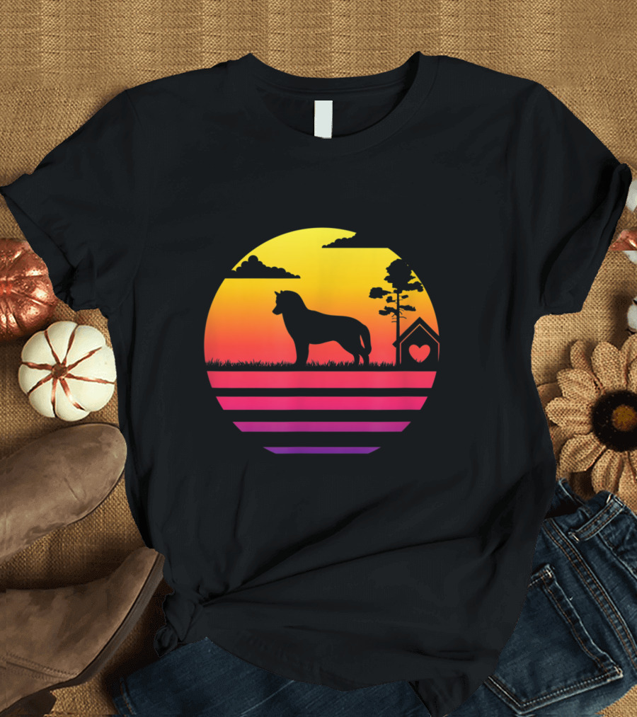 Siberian Husky Silhouette Against Vibrant Vintage Sunset with Doghouse Heart and Trees T-Shirt