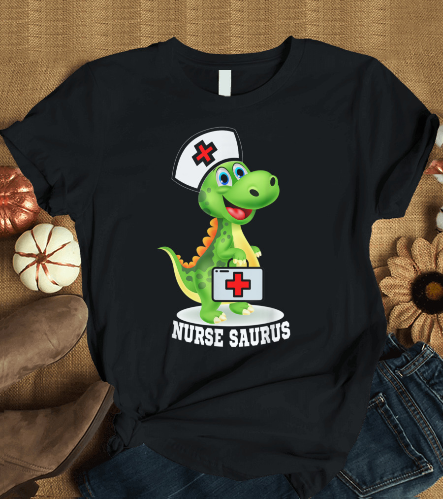 Nurse Saurus Dinosaur with Medical Cross Nurse Hat Holding First Aid Kit T-Shirt