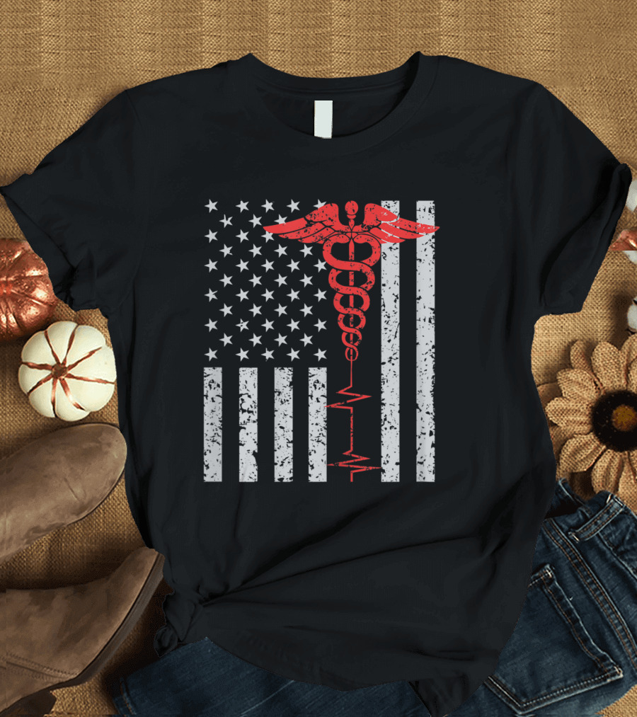 Nurse Thin Red Line Caduceus American Flag with ECG Heartbeat T-Shirt