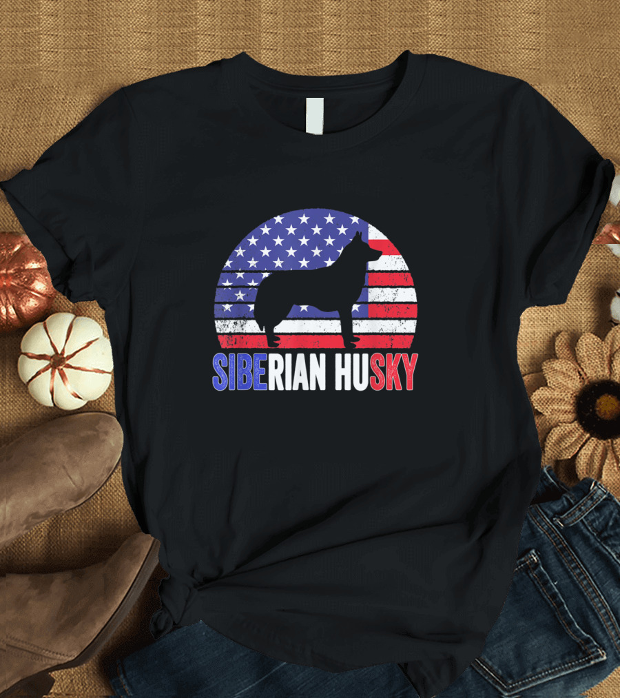 Siberian Husky Silhouette American Flag Stars and Stripes Patriotic 4th of July T-Shirt