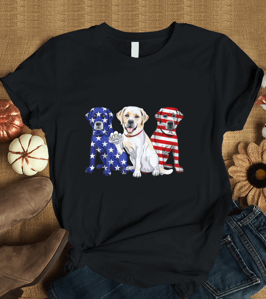 Patriotic Labrador Trio with Stars and Stripes for July 4th T-Shirt