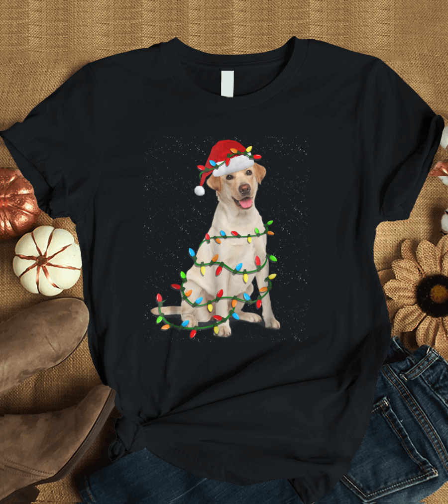 Labrador Christmas Dog with Santa Hat and Festive Lights T-Shirt