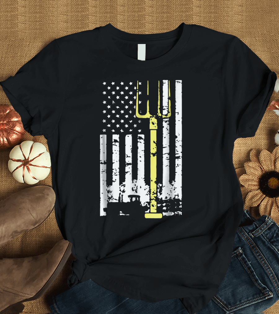 American Flag Tractor and Pitchfork Rustic Rancher T-Shirt
